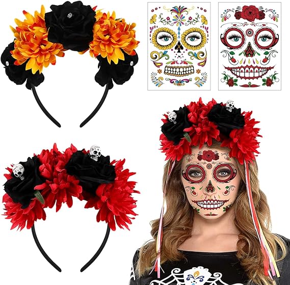 FRCOLOR Halloween Day of The Dead Headpiece Costume Women's Dia de los Muertos 2Pcs Mexican Flower Crown Headband with 2 Sheets Skull Temporary Face Tattoo