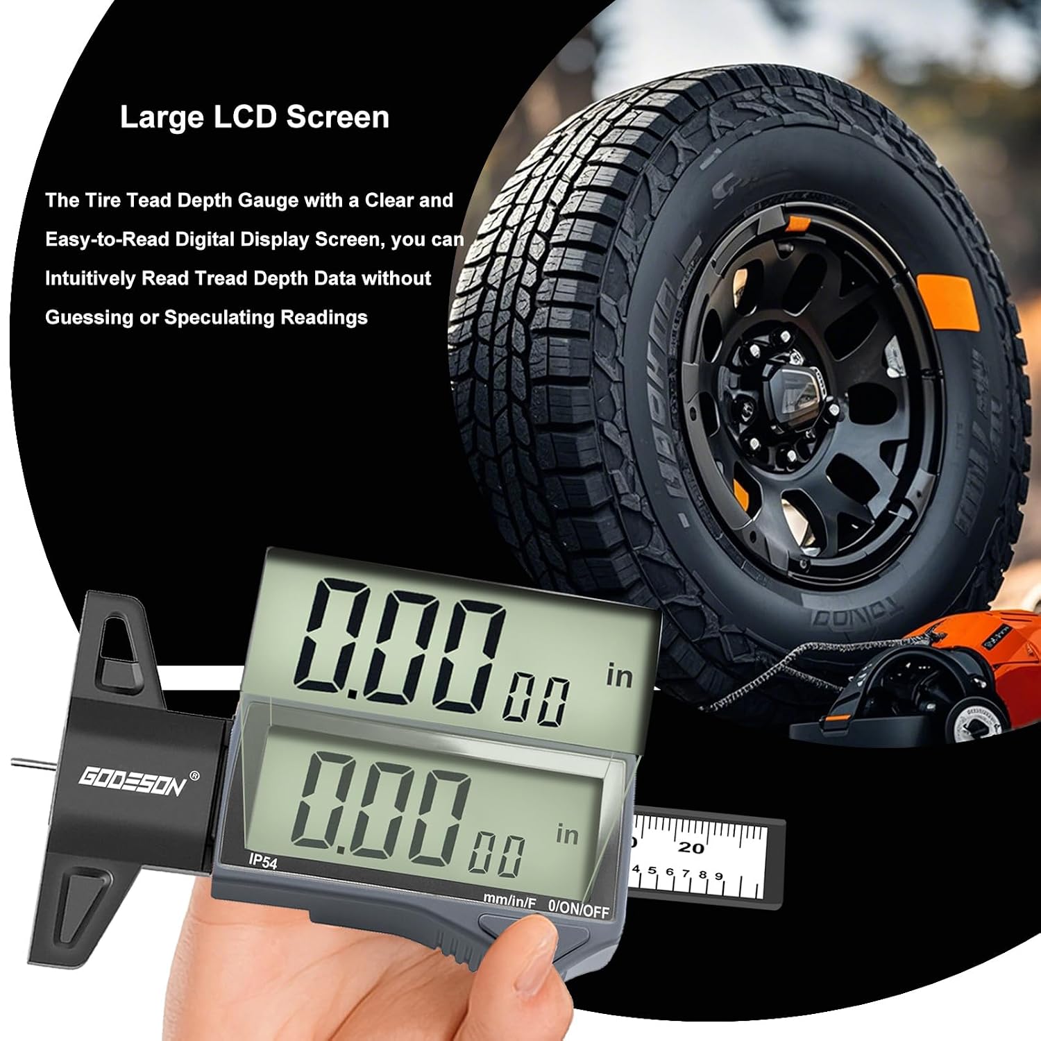 Digital Tire Tread Depth Gauge - IP54 Waterproof, 2.5" LCD Screen, 3 Modes (Fraction/Inch/MM), 1" Range, Auto-Off, Tire Wear Measure Gauge Tool 32nds for Car, Truck & SUV Tires