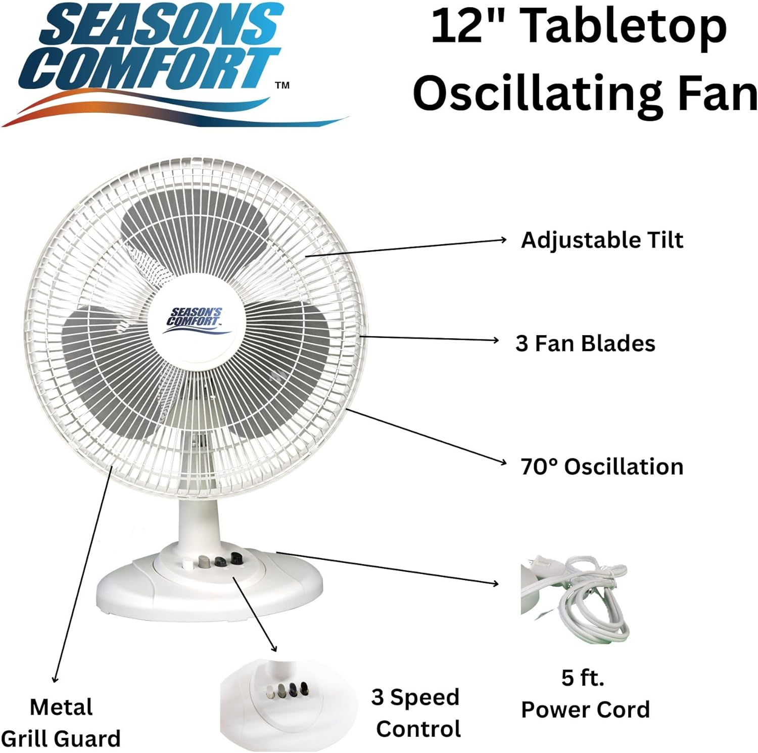 Seasons Comfort Oscillating Table Fan With Adjustable Tilt, 70 Degree Oscillation, Convenient Push Button Controls, Quiet, 12 Inch, 3 Speed, White Desk Fan - Fan for Home, Bedroom, Dorm & Office FTT12