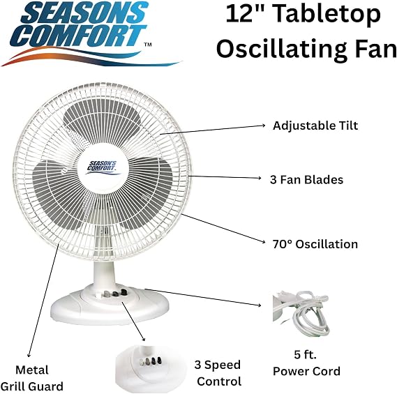 Seasons Comfort Oscillating Table Fan With Adjustable Tilt, 70 Degree Oscillation, Convenient Push Button Controls, Quiet, 12 Inch, 3 Speed, White Desk Fan - Fan for Home, Bedroom, Dorm & Office FTT12