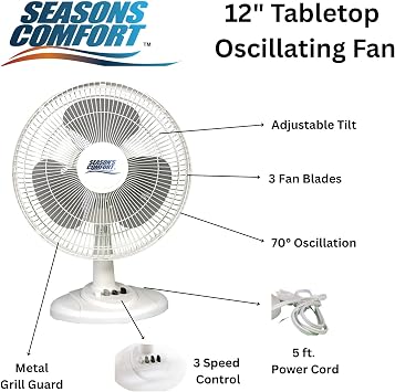 Seasons Comfort Oscillating Table Fan With Adjustable Tilt, 70 Degree Oscillation, Convenient Push Button Controls, Quiet, 12 Inch, 3 Speed, White Desk Fan - Fan for Home, Bedroom, Dorm & Office FTT12