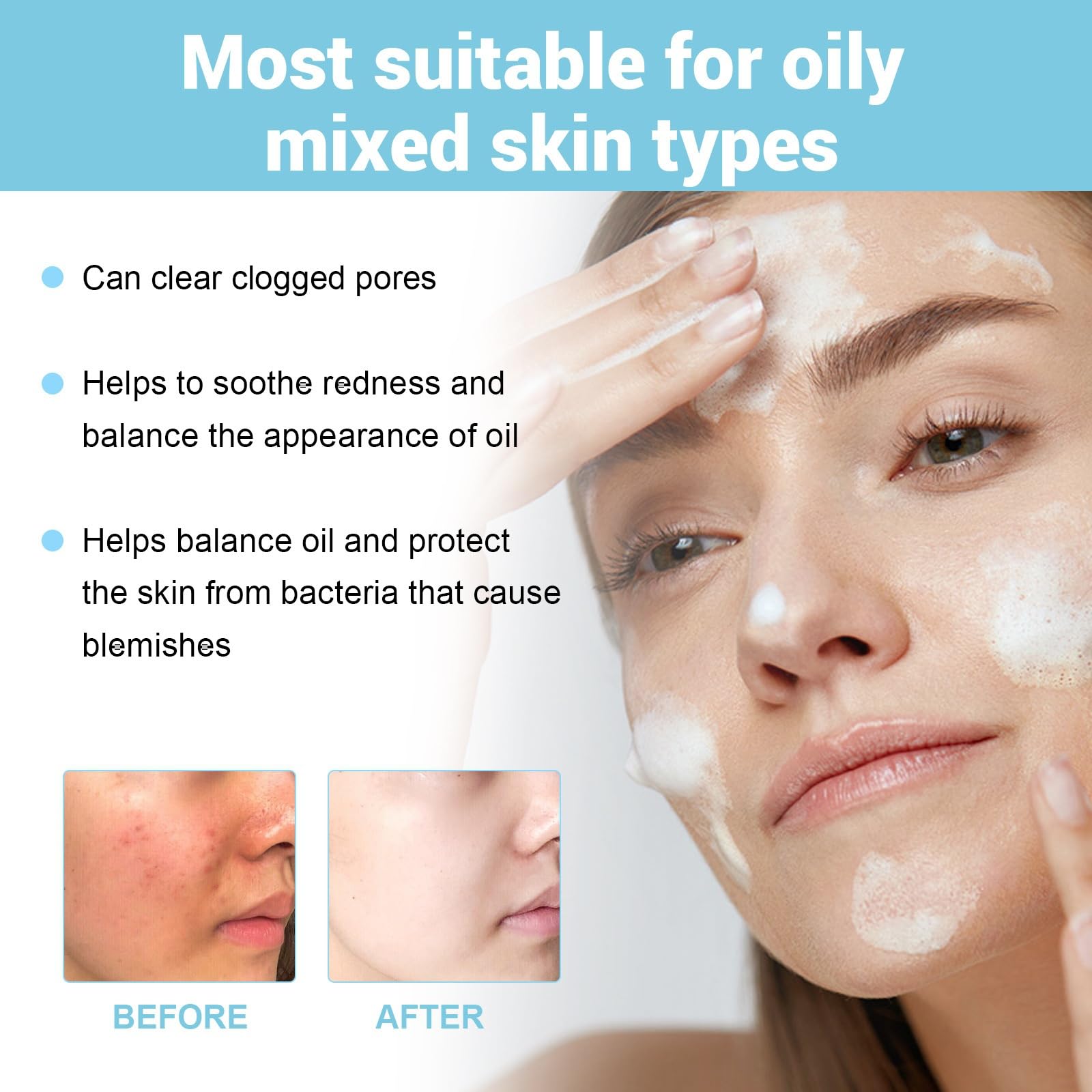 Acne Foaming Wash,Acne Foam Wash,Gentle Daily Cleansing Foam for Deep Pore Cleansing,Moisturising Face Wash,Facial Wash Women to Soothe Redness and Balance Oil,Exfoliating Face Wash - Image 3