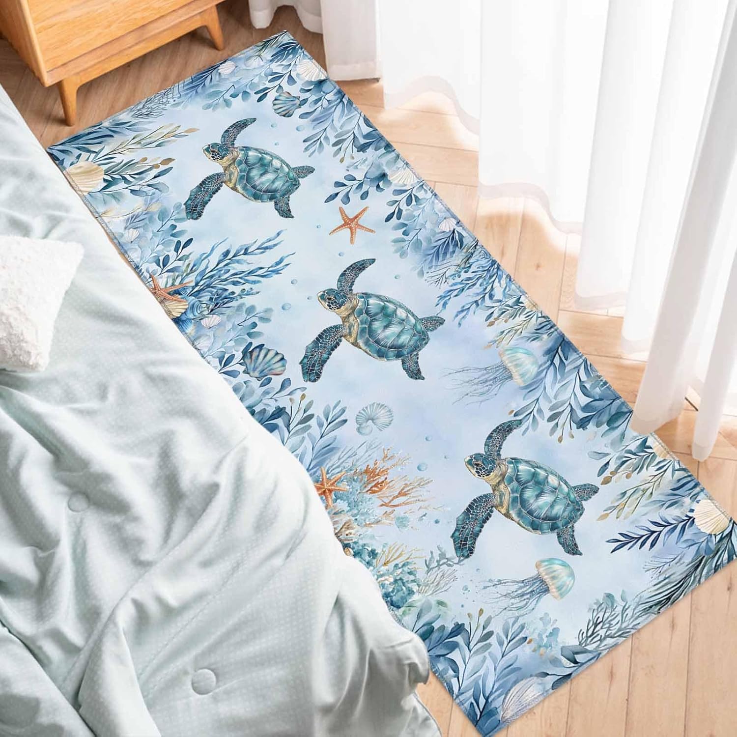 2 Pieces Kitchen Rugs and Mats,Nautical Ocean Turtle Coral Shell Jellyfish Area Runner Rug Set Non Slip Floor Doormat Washable Carpet Standing Mat for Kitchen Sink Indoor Corridor,Marine Life Plant
