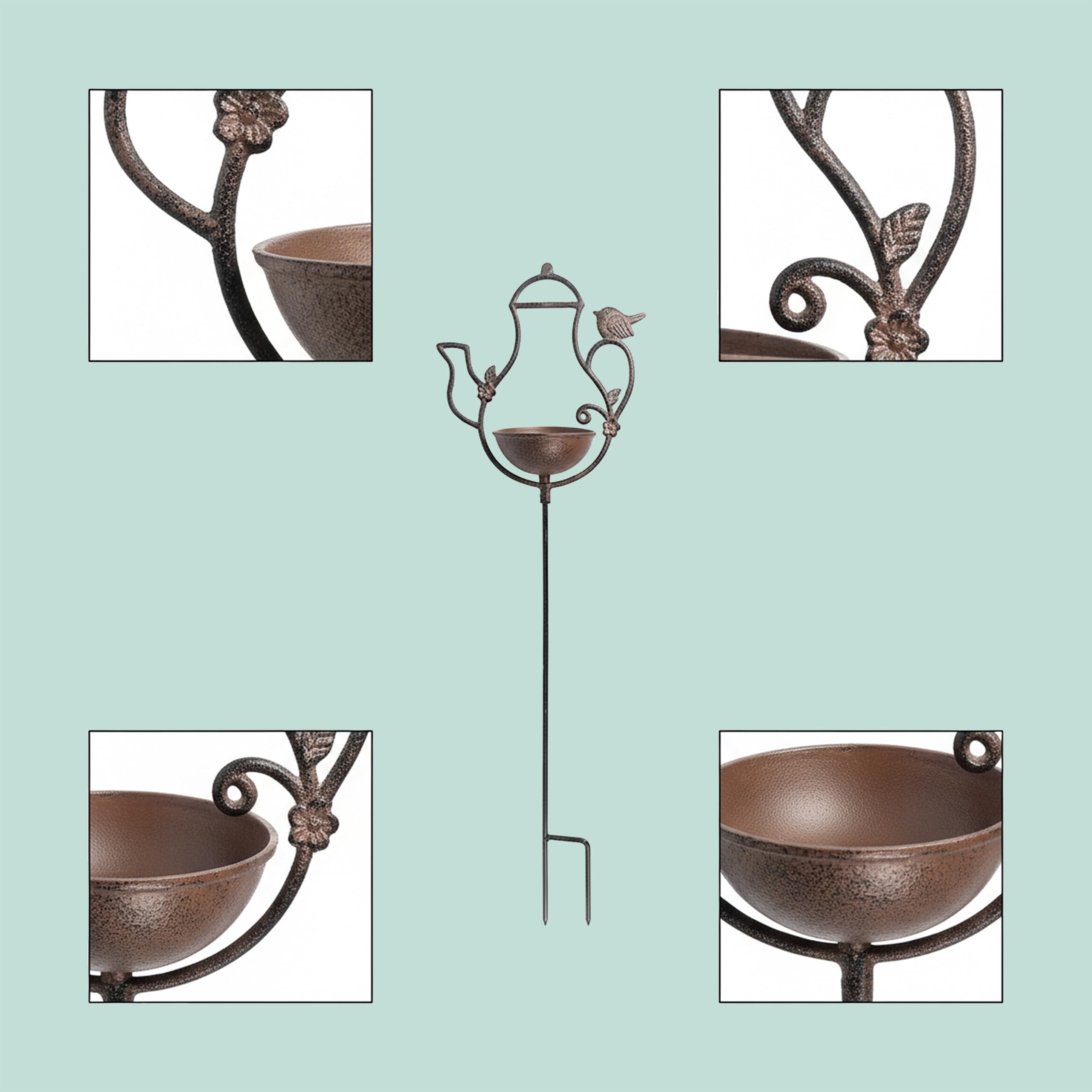 Relaxdays Abbeveratoio a teiera per Uccelli, 86×27×13 cm, ghisa, con picchetto, Ciotole Acqua e Cibo, Marrone