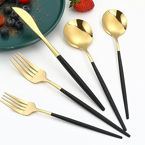 Juego de cubiertos negros y dorados de 30 piezas, acero inoxidable para 6, incluye cuchillo, tenedor, cuchara, pulido con espejo, juegos de