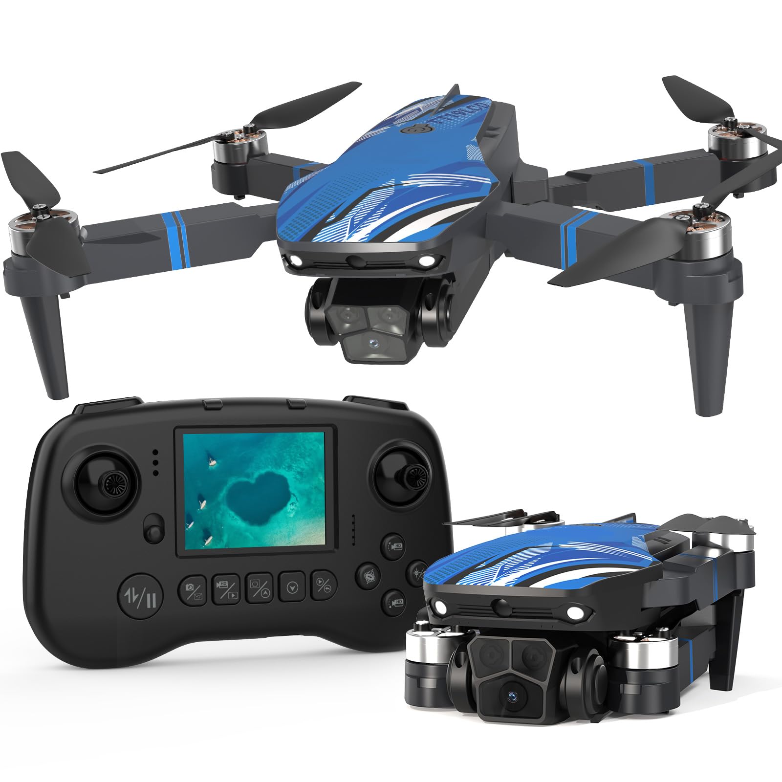 Droni con Camera, Schermo LCD FPV Live Video, Drone Motore Brushless, Sistema di Prevenzione Ostacoli a 270°, 3D Flips, Supporta Schede SD fino a 32 GB, Peso Inferiore a 250g