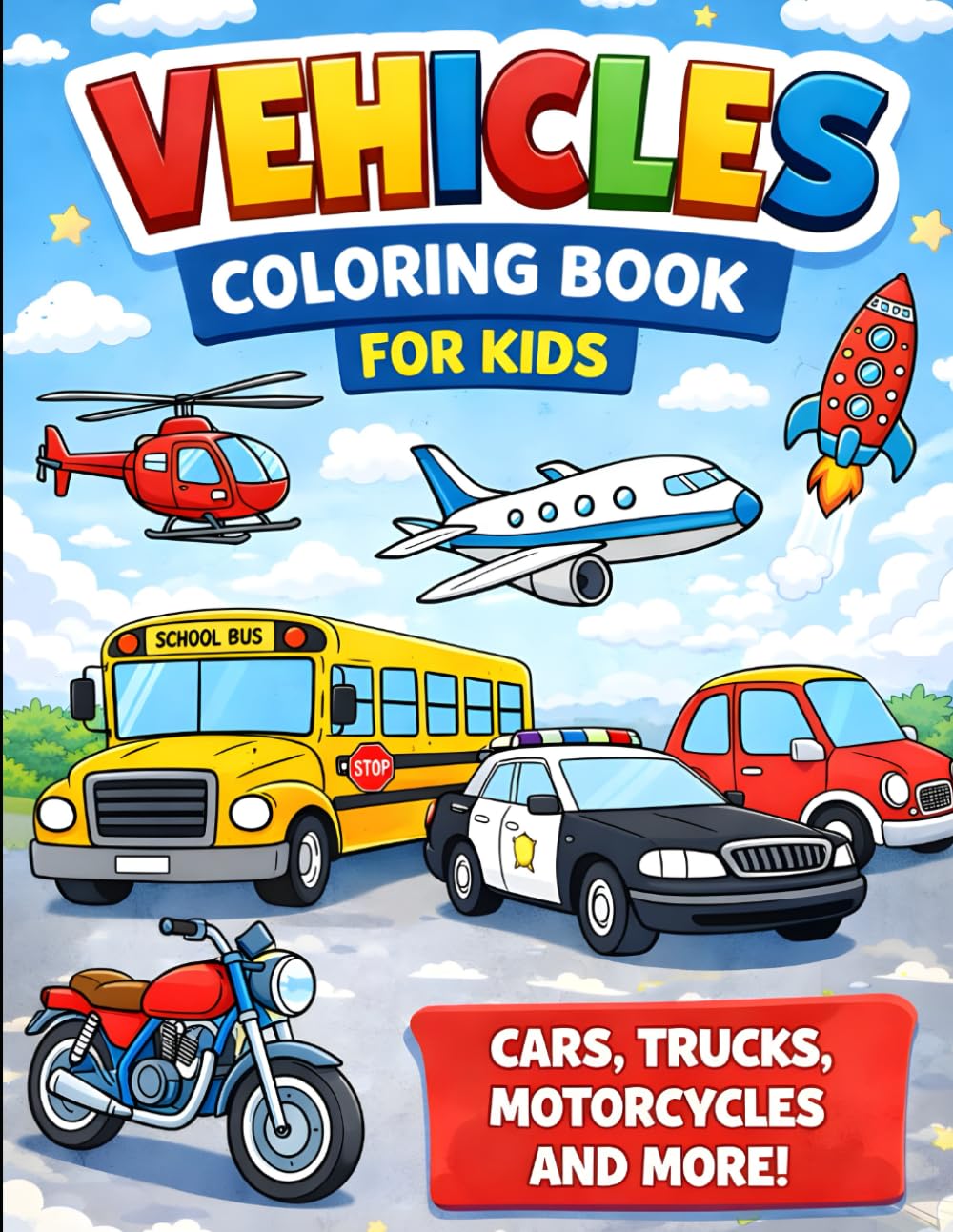 Vehicles Coloring Book for Kids Ages 3–6 Cars, Trucks, Trains & More: Fun and Easy Transportation Coloring Pages for Toddlers and Preschoolers | Big Simple Vehicles for Boys and Girls