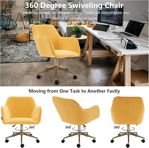 Miniatura 5 de Hommoo Silla decorativa de escritorio con ruedas y brazos, silla de trabajo ajustable de tela de terciopelo para el hogar, dormitorio, oficina,