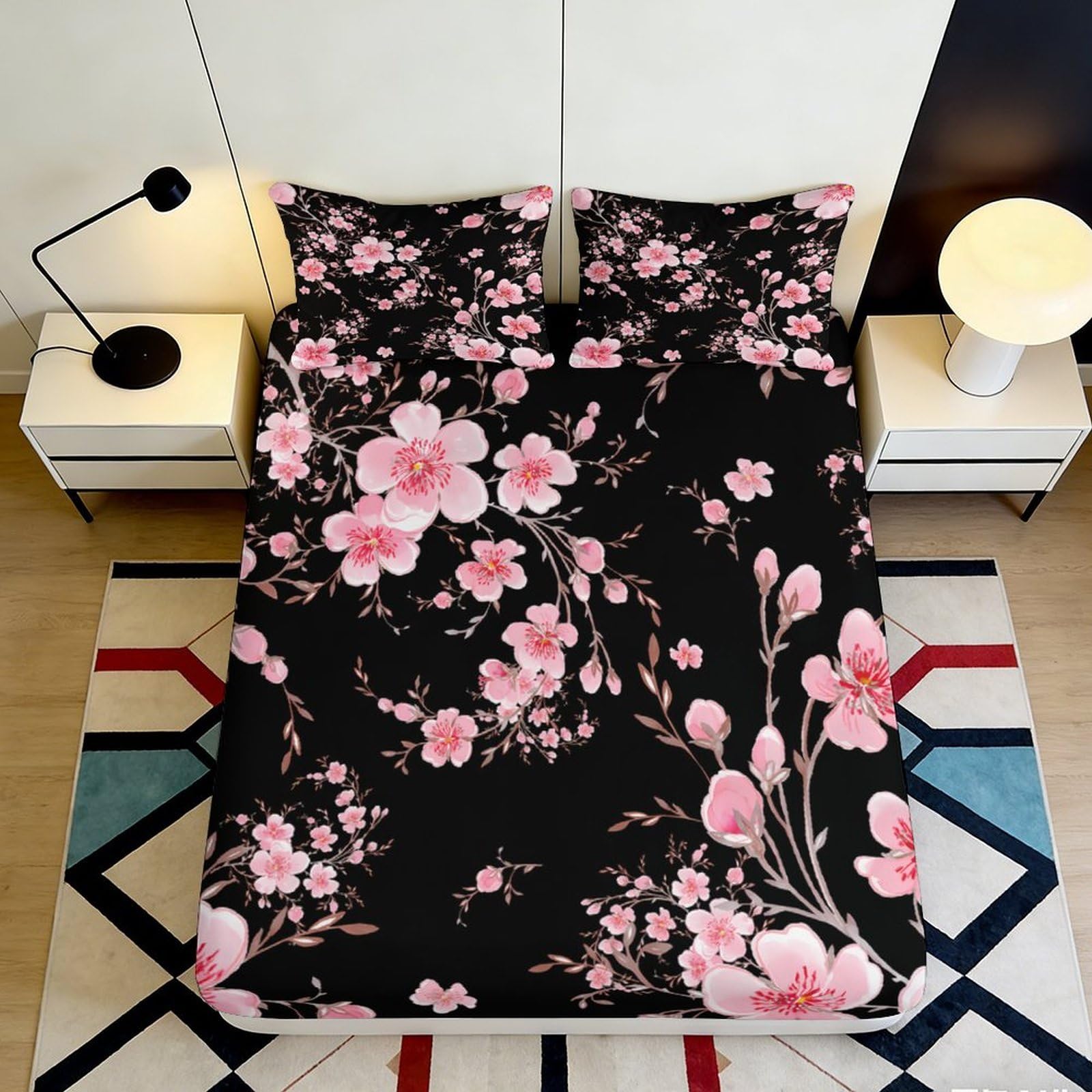 Pnayamiorkfel Style-6 3D Printed Sakura Blossom Fitted Sheet Microfiber Soft Pink Floral Bed Cover For Bedroom Dorm Mattress Decor, Anti-Slip, Washable, Dustproof, All Ages 90X200x25cm