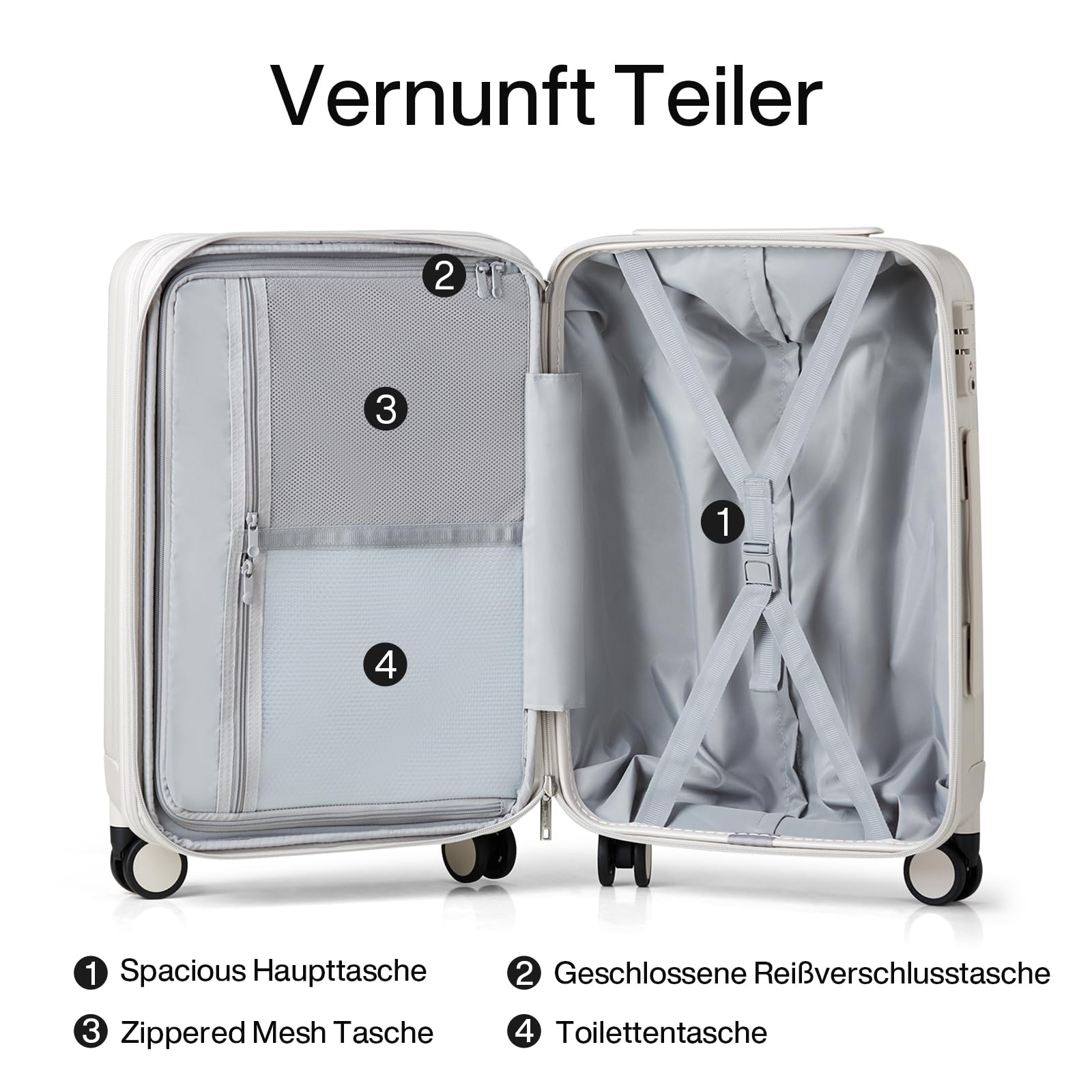 Hanke Handgepäck Koffer PC Hartschalenkoffer mit 360° Spinner Rädern Trolley Reisekoffer mit TSA-Lock 49cm (37L), Elfenbein