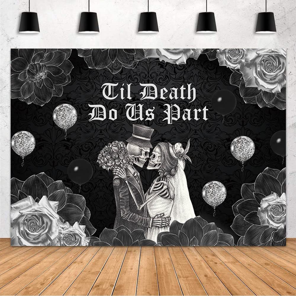 MEHOFOND 7x5ft Till Death Do Us Part Backdrop Halloween Wedding Party Decorations Supplies Halloween Bachelorette Bridal Shower Banner Photography