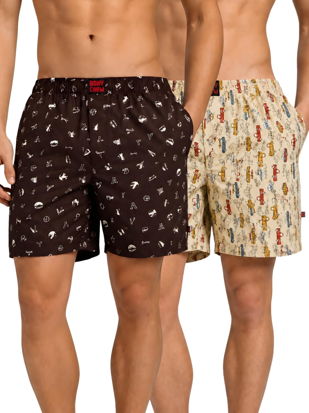 boxy crew Men Boxer Shorts Pack of 2, 100% Cotton Woven Boxers, Brown & Beige, Printed Designs, Dual Side Pockets, No-Marks Inner Elastic Waistband, Relaxed Fit Lounge & Sleep Shorts-picture-11