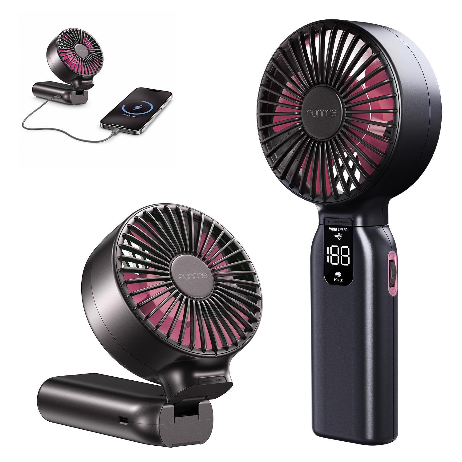 Funme Portable Fan with Power Bank, Handheld Fan 10000mAh 46H with Three-phase Motor, 100 Speed & Storm Mode, 4" Oversize Blades, 180° Foldable Hand Fan for Travel Outdoors Camping Office, Pink