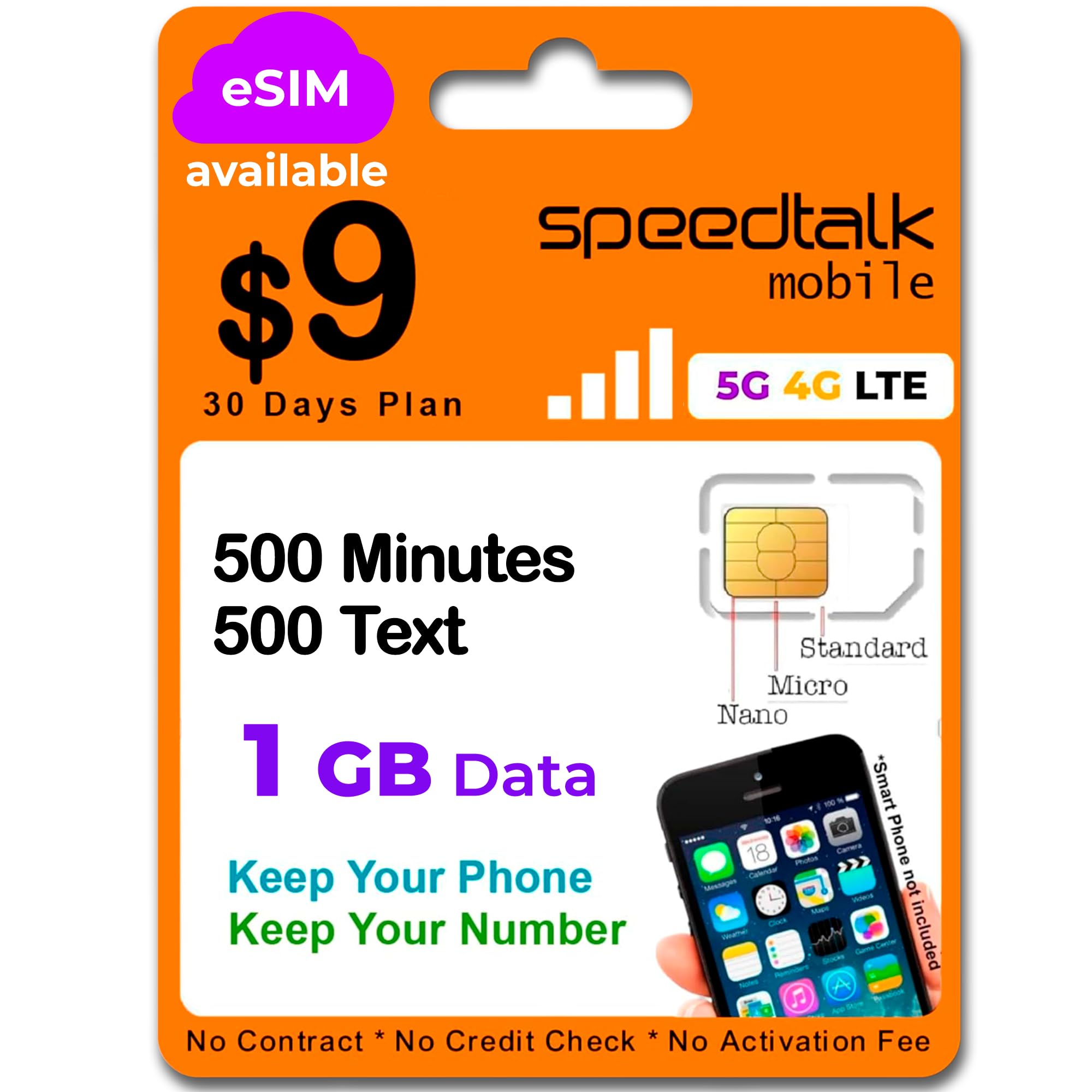 SpeedTalk Mobile Universal SIM Card Kit for 5G 4G LTE iOS Android Smart Phones | Talk Text Data | Triple Cut 3 in 1 Simcard - Standard Micro Nano | No Contract Cellphone Plan (1 GB)