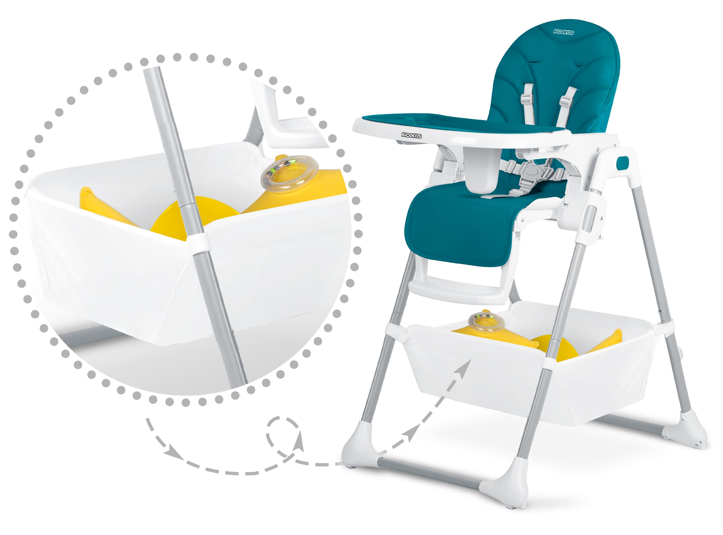 Ricokids - Tulo - 2in1 Hochstuhl Baby - Mit Gurt - Mit Abnehmbarem Tablett - Klappbarer Fütterungsstuhl Mit Rollen - Verstellbare Rückenlehne - Mitwachsender - Ab 6 Monat -102x54x72 cm - Blau