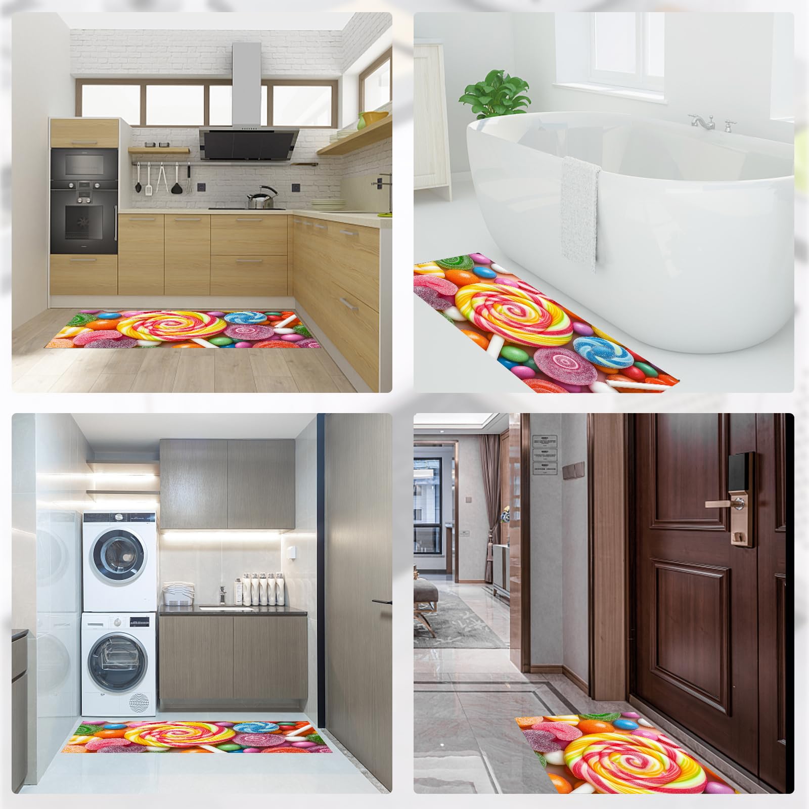 Alfombra de Cocina piruleta de Caramelo 2 Piezas, Alfombrillas de Cocina Lavables para Suelo, Suaves Alfombrillas de Cocinas Antideslizantes para Lavadero