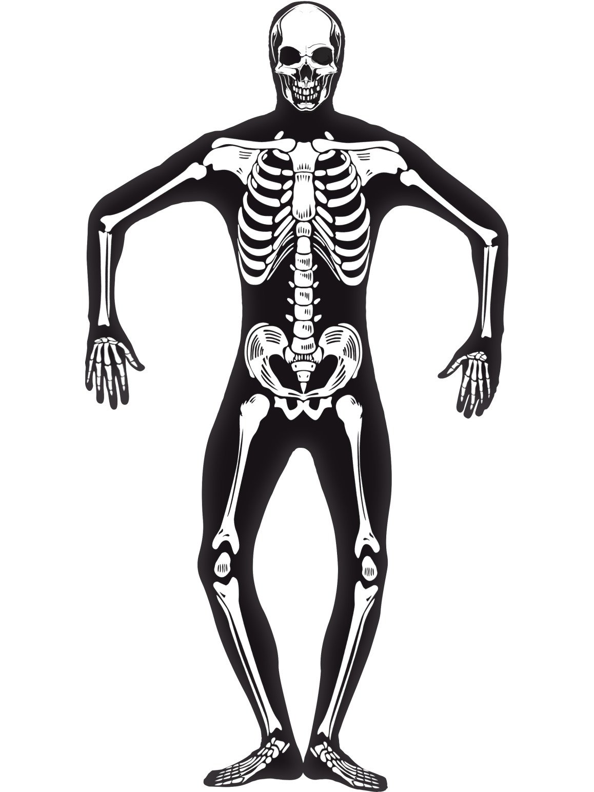 Smiffys Skeleton Second Skin Costume, Black with Concealed Fly & Under Chin Opening, GID, Halloween Adult Fancy Dress, Skeleton Dress Up Costumes
