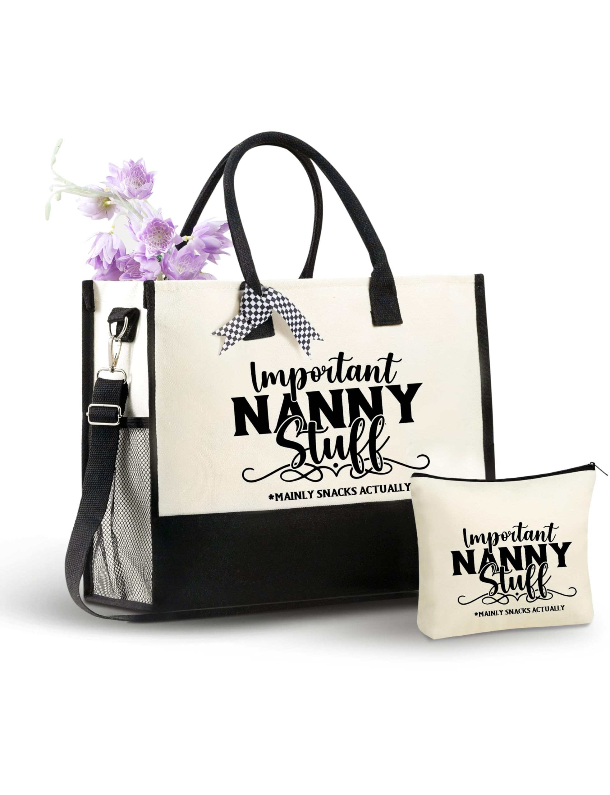 InnoBeta Nanny Gifts Canvas Tote Bag for Grandma, Important Nanny Stuff Bag with Top Zipper Closure and Shoulder Strap for Birthday, Mother's Day,