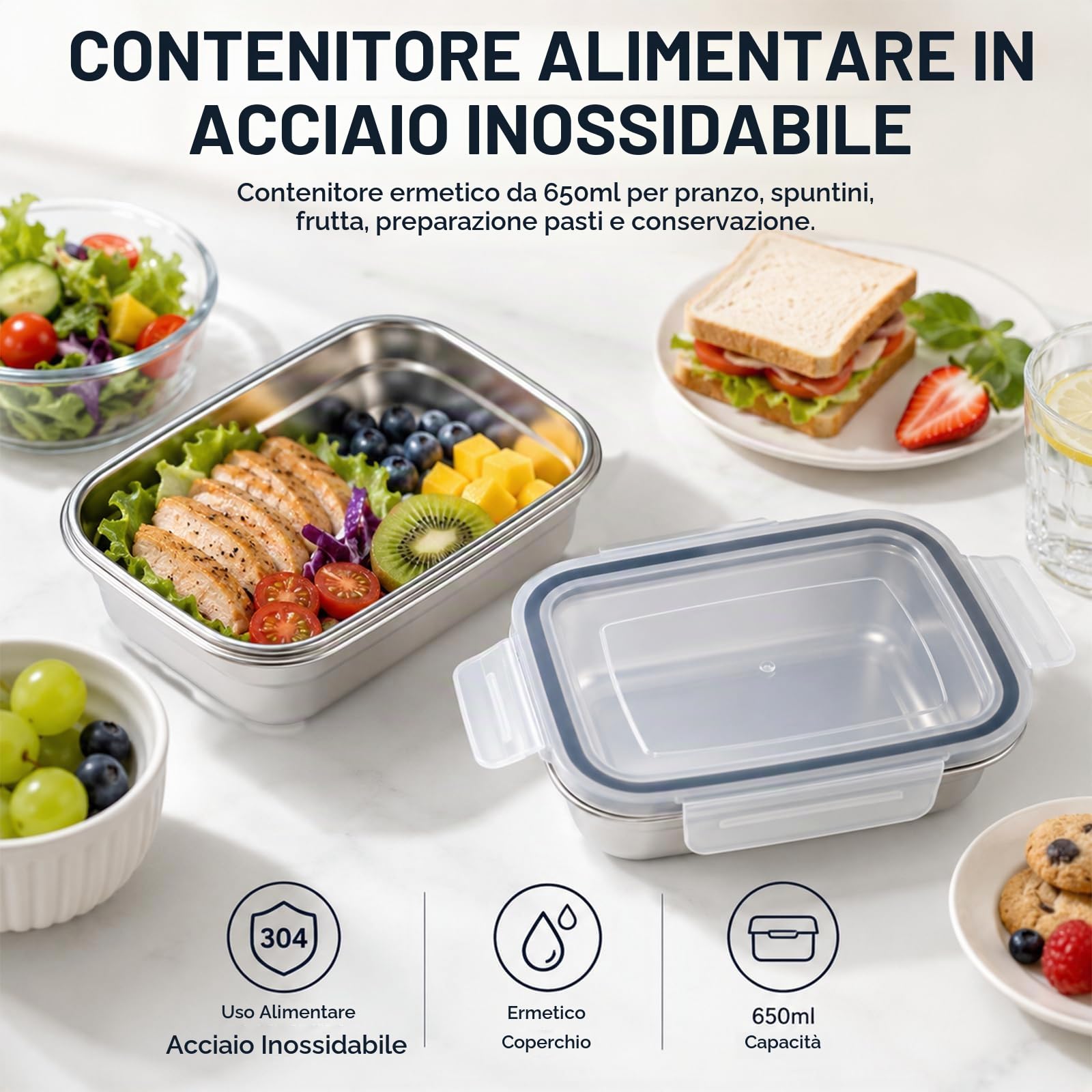 5 Pcs Contenitori Alimenti Acciaio Inossidabile per Alimenti 650ml