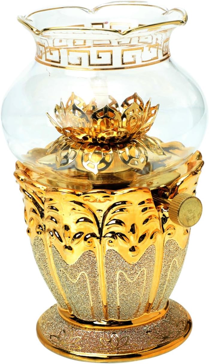 Lotus Kerosene Oil Lamp with Windproof Glass Cover Detachable Shade Height for Home Temple Buddha Hall Indoor Use and Gift for Buddhists