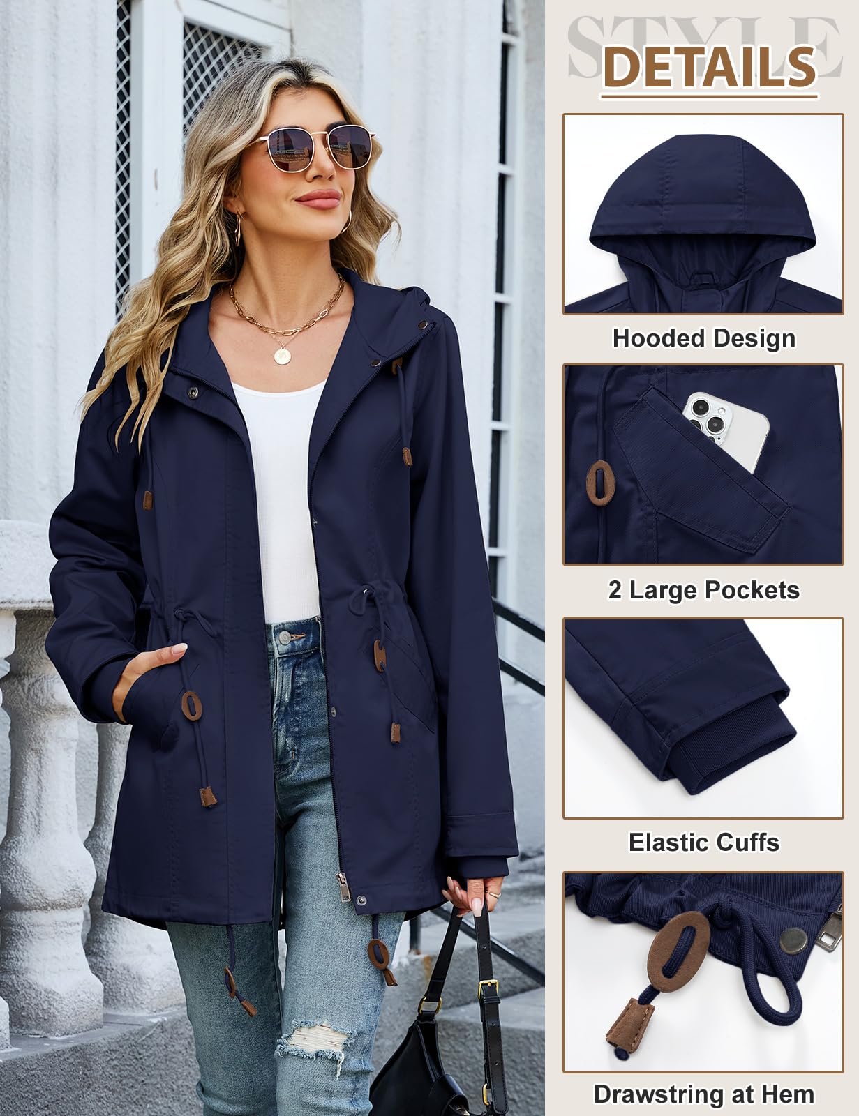 Tuopuda Chaqueta Militar Mujer de Algodón Ligero Primavera Otoño Entretiempo Cazadora Casual Chaqueta Cintura Alta Cordón Parka con Bolsillos