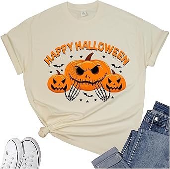Women's Halloween Shirt:Pumpkin Art Patterns Crewneck Short Sleeve Halloween Party T-Shirt