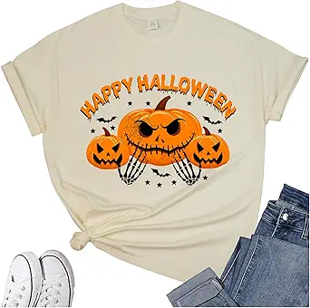 Women's Halloween Shirt:Pumpkin Art Patterns Crewneck Short Sleeve Halloween Party T-Shirt
