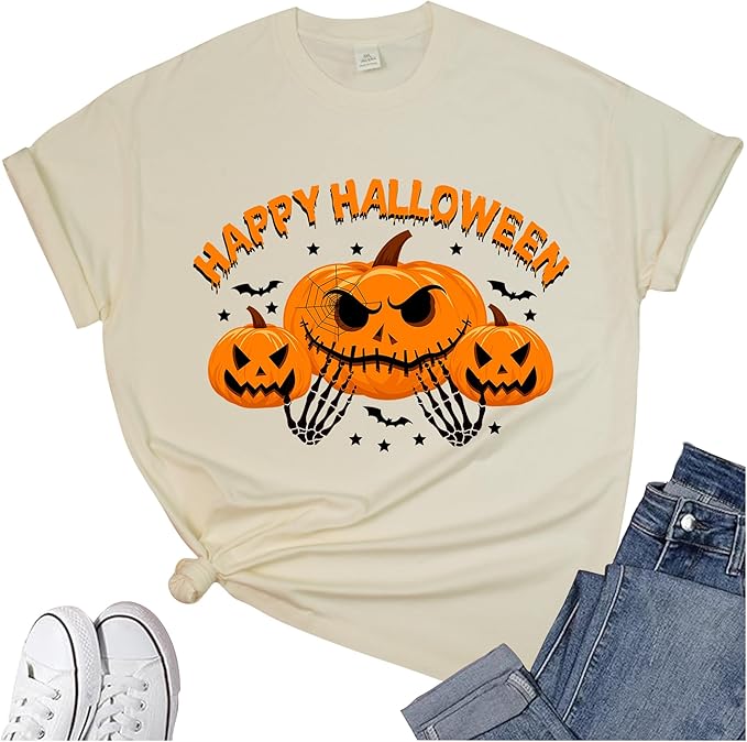 Women&#39;s Halloween Shirt:Pumpkin Art Patterns Crewneck Short Sleeve Halloween Party T-Shirt