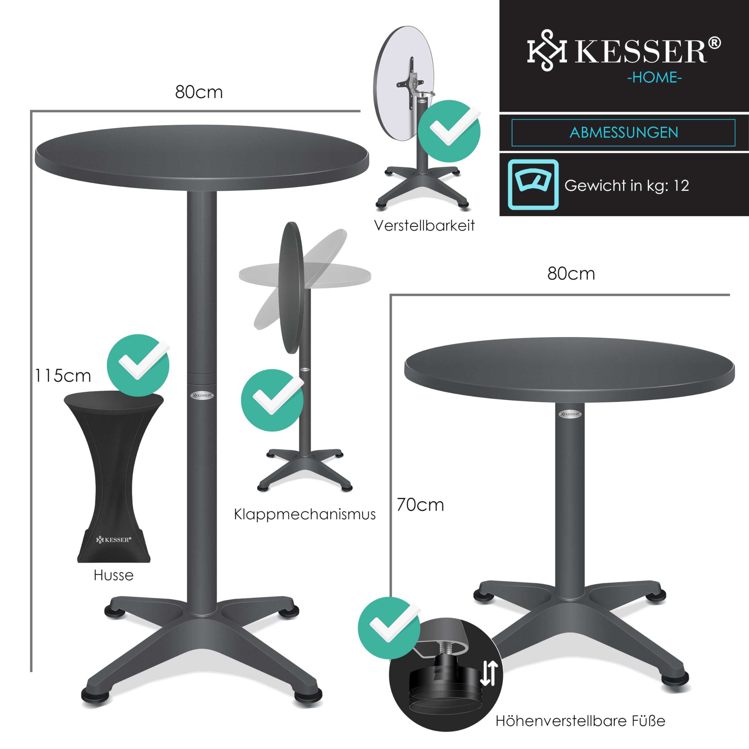 KESSER Table de bistrot pliable 2 en 1 - Plateau aluminium acier inoxydable - Hauteur réglable 70/115 cm - Ø 80 cm - Intérieur extérieur