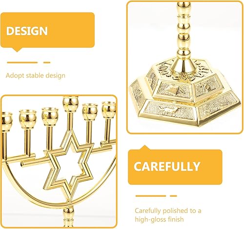 Miniatura 5 de IMIKEYA Portavelas Menorah de 7 ramas, portavelas de menorá de oro judío con estrella de David Menorah Candelabro Hanukkah Candelabro Jewish Israel