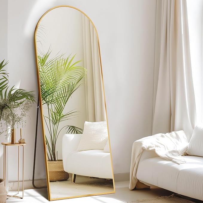 DUMOS Full Length Mirror with Stand Floor Standing Aluminum Frame for Bedroom Body Hanging Leaning Modern Simple Home Decor Shatter-Proorf Nano Glass Wall Living Room Cloakroom Light Gold 59"x16"