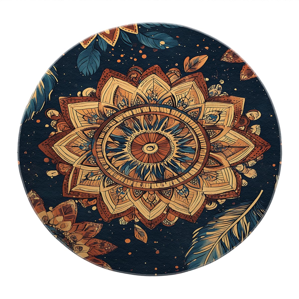 Boho medytacja paw pióropusz okrągły dywanik 130 cm psychodeliczny warstwowy kwiatowy dywanik można prać w pralce dywan z niskim runem antypoślizgowy składany do salonu sypialni biura granatowy