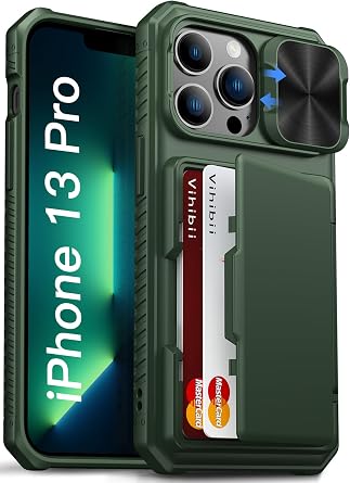 Vihibii for iPhone 13 Pro Case Wallet with Card Holder 4 Cards, Green | Integrated Wallet, RFID Blocking, Slide Lens Camera Cover, Military-Grade Drop Protection, Shopping & Traveling Light