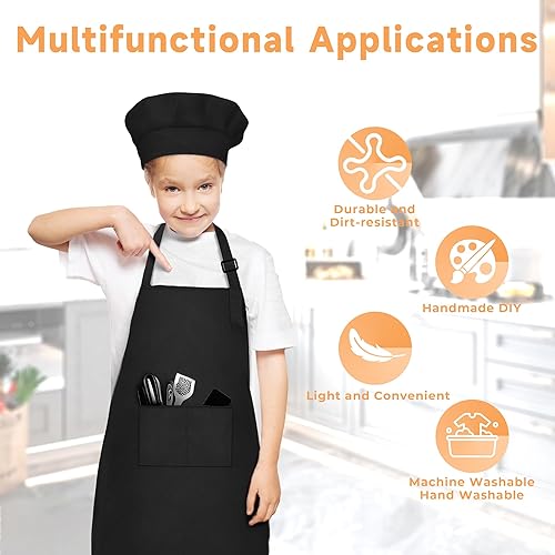 Miniatura 6 de Kids Apron and Chef Hat Set Bulk Childrens Bib with 2 Pockets Adjustable for Boys Girl's Cooking Baking Painting