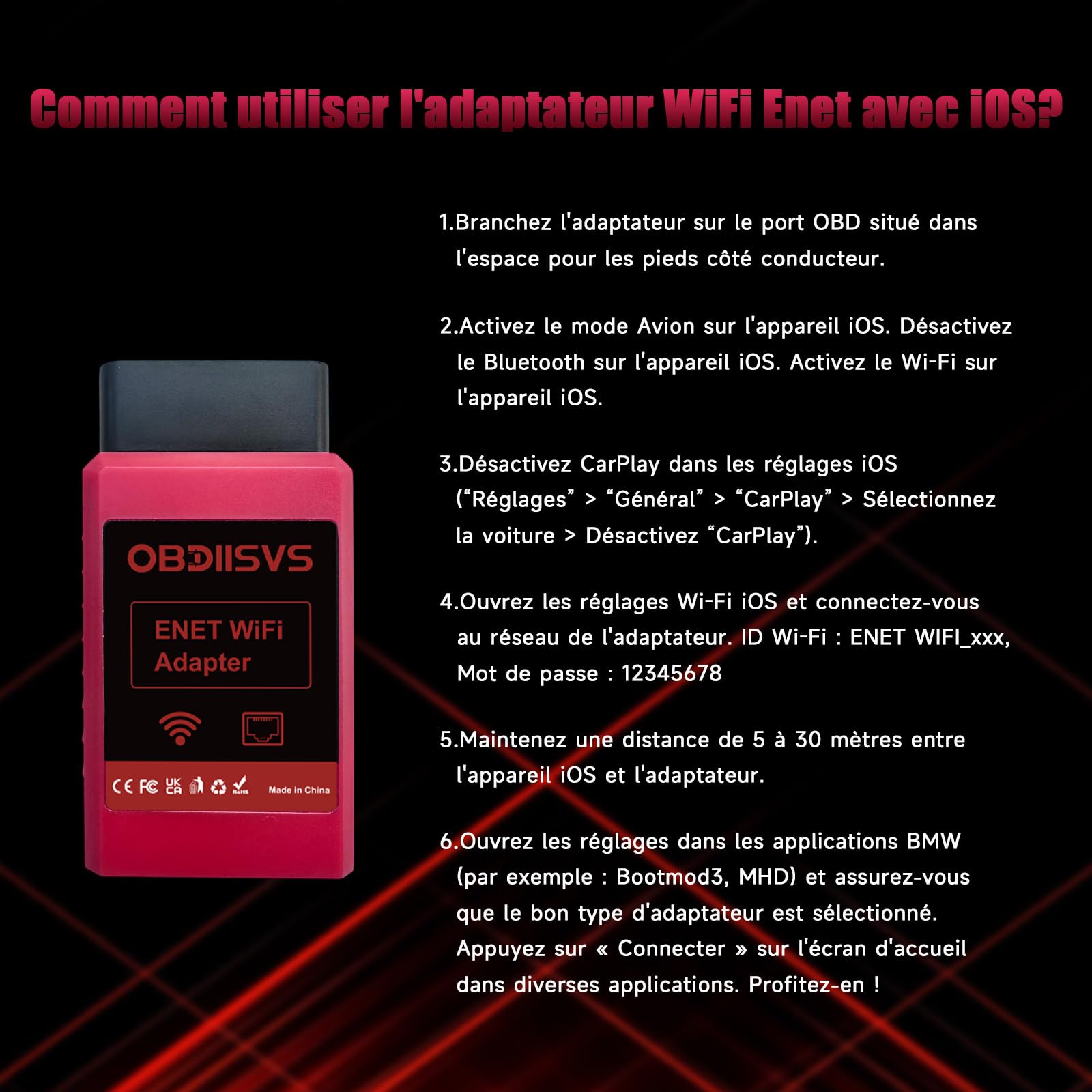 Enet Adaptateur WiFi pour BMW Série F/G/I, adaptateur OBD WiFi compatible avec Bootmod3, BimmerCode, Bimmerlink, Bimmergeeks, MHD, Ethernet vers OBD2, outil de diagnostic et de codage