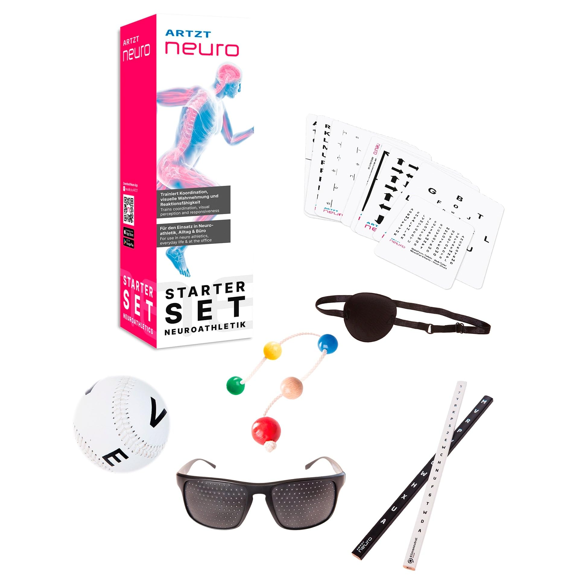 Kit de démarrage - Entraînement neuroathlétique pour une meilleure vision, réflexes et concentration - Avec panneaux visuels, string brun, lunettes et balle Marsden - Idéal pour le sport