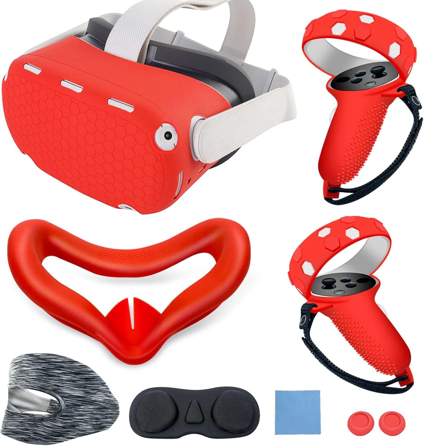 Silicone Protective Cover Set for Meta Quest 2, Red Shell Cover with Controller Grips, Face Cover, Lens Cover, Eye Cover, 9-Piece Accessory Kit (Light Blue)