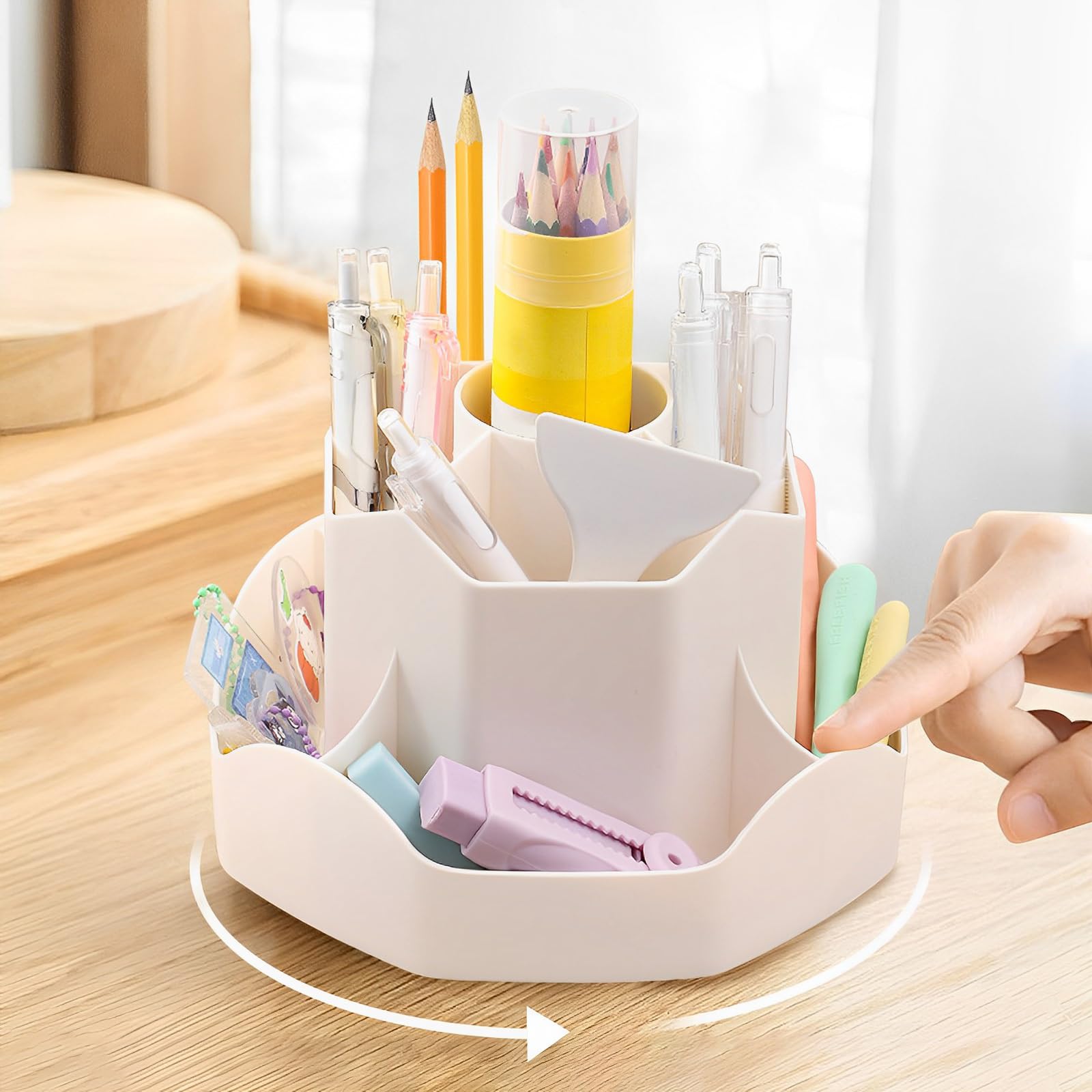 MEETOZ Pencil Pen Holder for Desk, 360 Degree Rotating Pen Pencil Holder with 9 Compartments, Multifunctional Pen Pots, Makeup Brushes Holder, Stationary Organiser(White)