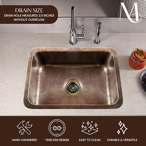 Miniatura 6 de Monarch Abode Fregadero de cocina Milan de cobre puro martillado a mano de 21 pulgadas con doble montaje, fregadero de cocina empotrado o empotrado