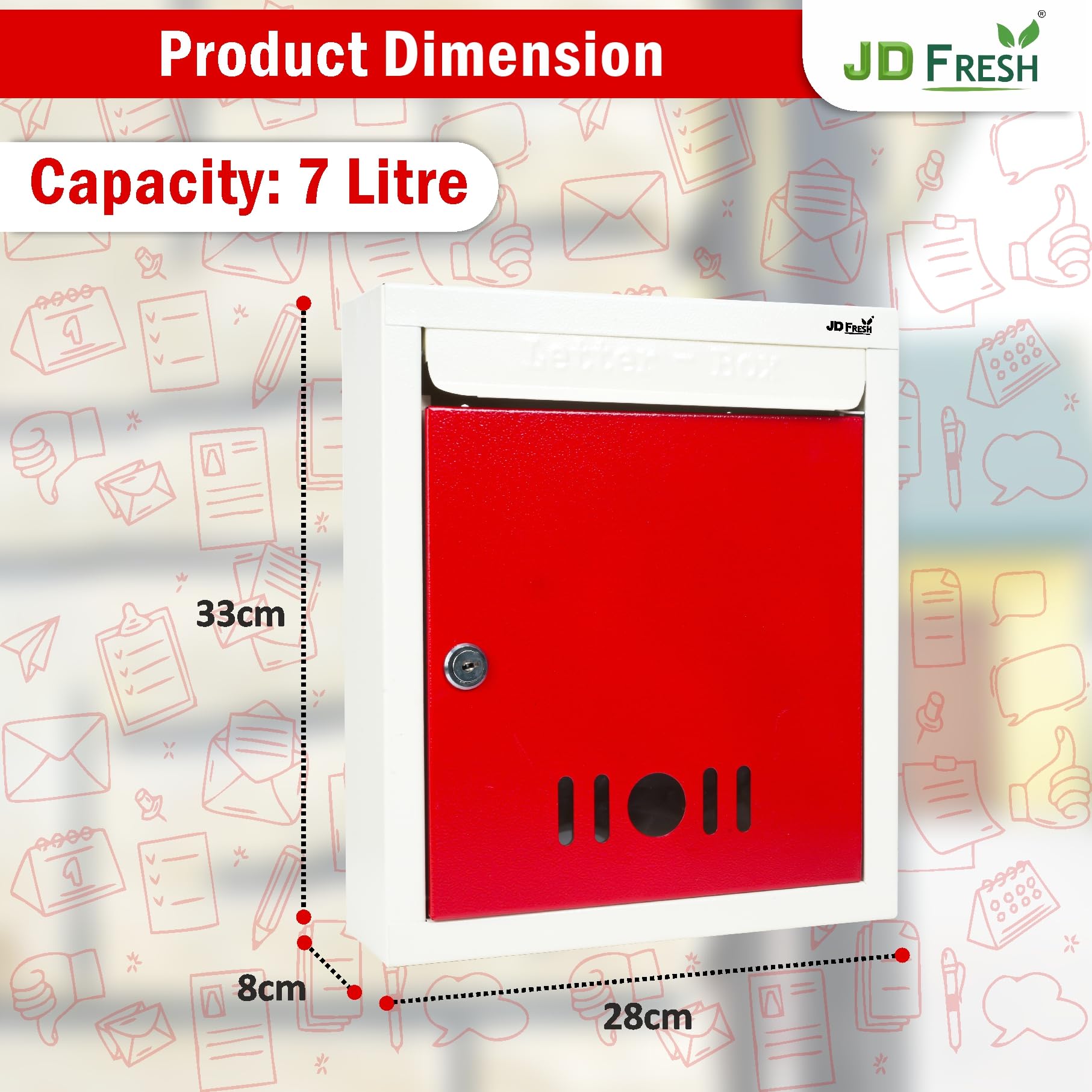 JD FRESH Wall Mount A4 Size Letter Box/Mail Box/Suggestion Box/Complaint Box for Office/Post Box for Home gate with Clear Window View & Secure Key Lock - (Red & Ivory) 1