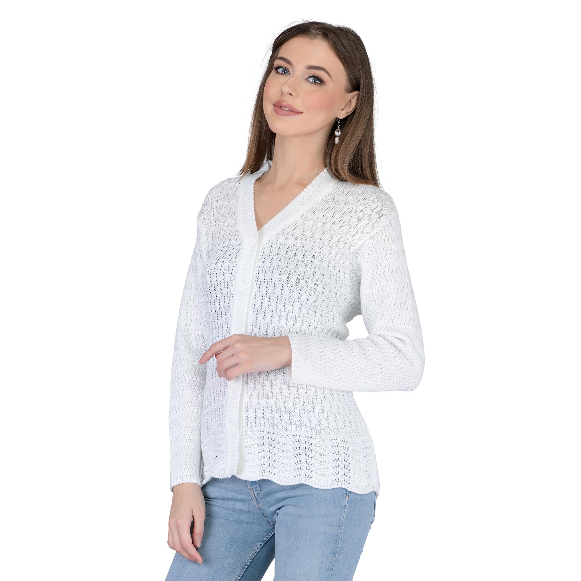 lady willington Women's Woolen V-Neck Self Design Cardigan - Heavy Daffodil Fabric Winter Wear Pure Wool Cardigan for Women - Free Size Long Cotty Fully Warm (2XL, White)-picture-38