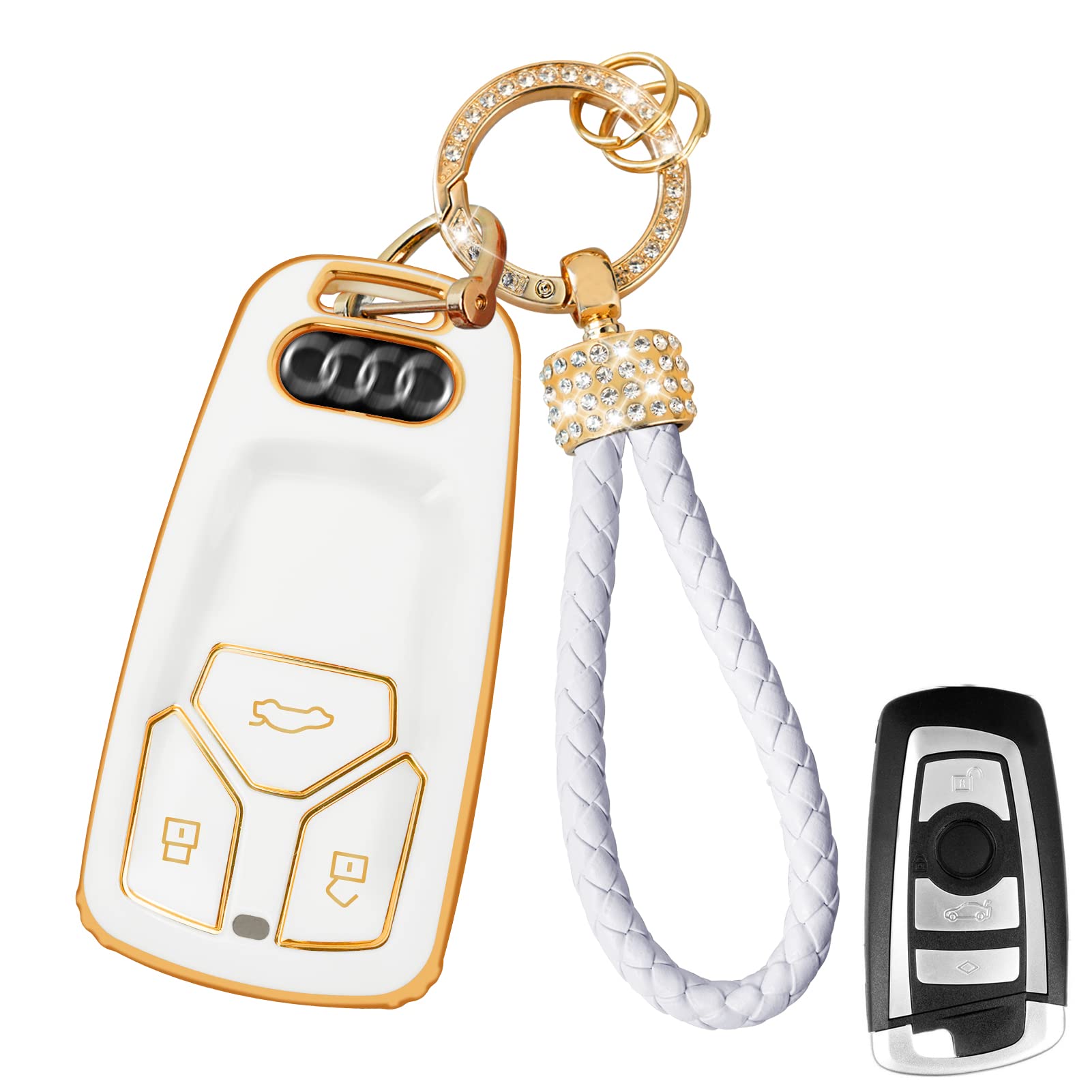 TTCR-II Yumzeco Car Key Cover,3 Buttons Remote Key Fob Cover Compatible with A4 B9 A5 A6L S4 S5 S7 8W Q7 4M TT TTS RS, TPU Silicone KeyCase, Entry KeyShell with Keychain, Keyless KeyProtector White