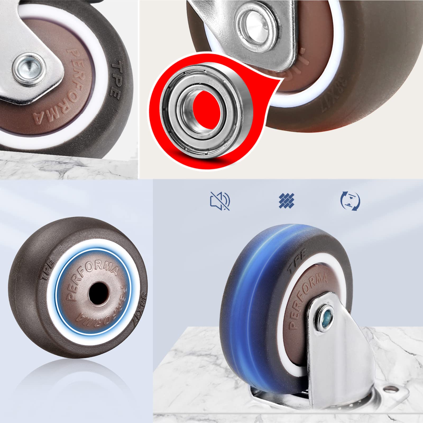 Koła skrętne o średnicy 38 mm (1,5"), gumowe TPE, do wózka sklepowego, z gwintem M10 x 15 mm, zestaw 4 szt. (z hamulcem)