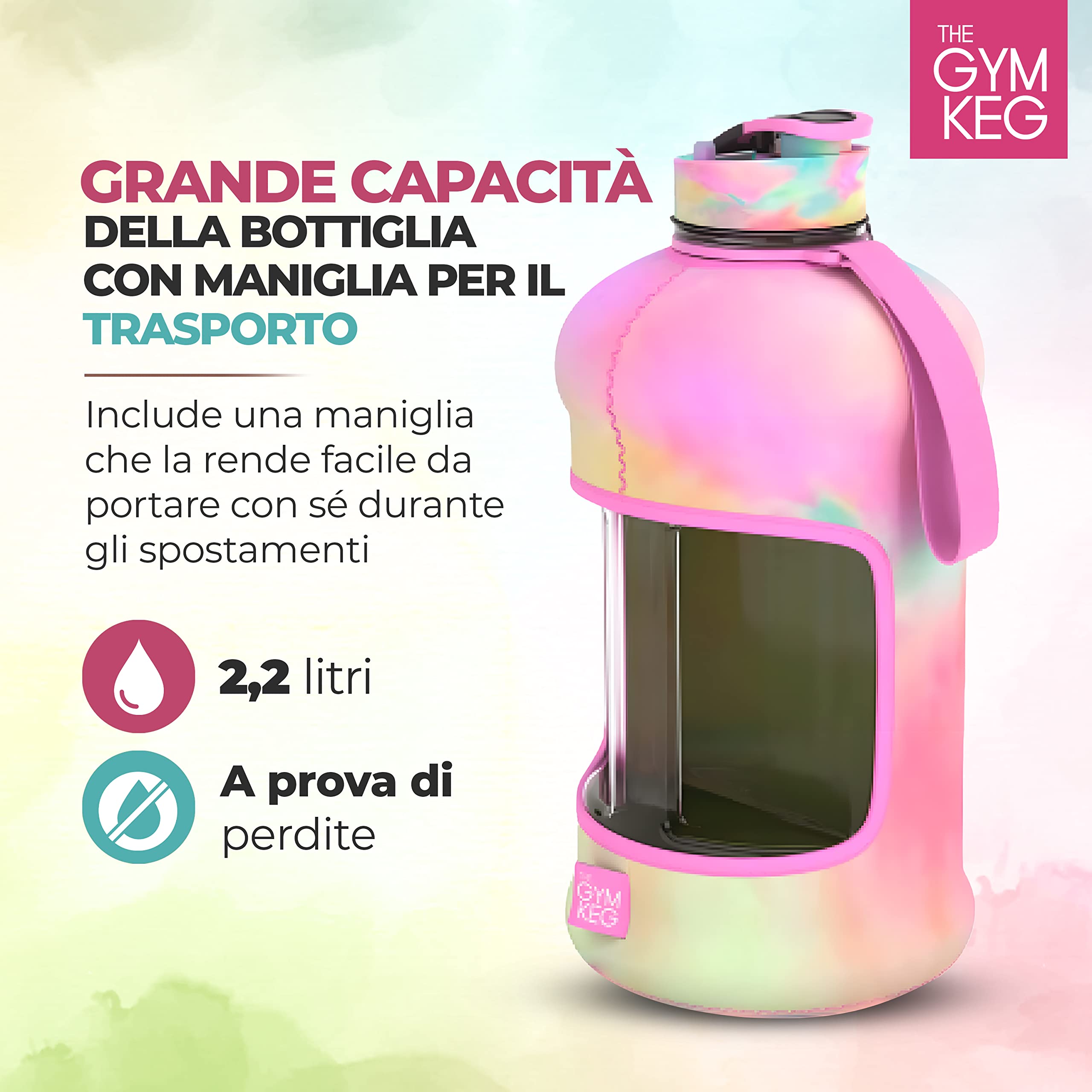 The Gym Keg Borraccia Palestra 2.2L con Custodia e Manico Bottiglia Acqua Borraccia Sportiva Riutilizzabile Fitness Workout Yoga Ecologica Senza BPA