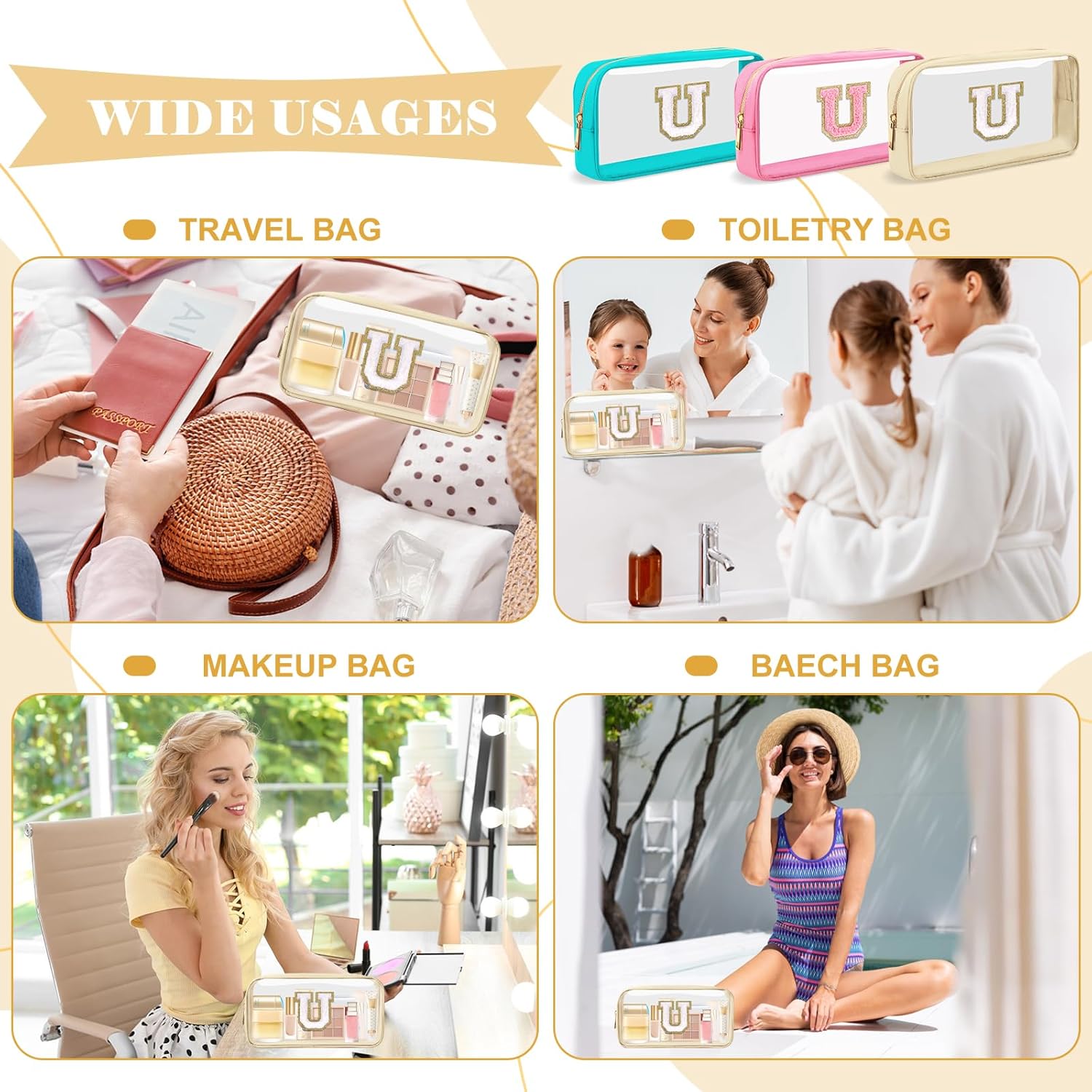 Personalized Initial Letter Clear Makeup Bag,Preppy Small Nylon&PVC Cosmetic Zipper Bag with Chenille Letter,Portable Beach Travel Skincare Toiletry Bag,Trendy Monogram Gift for Teen Girls Women,U - Image 7