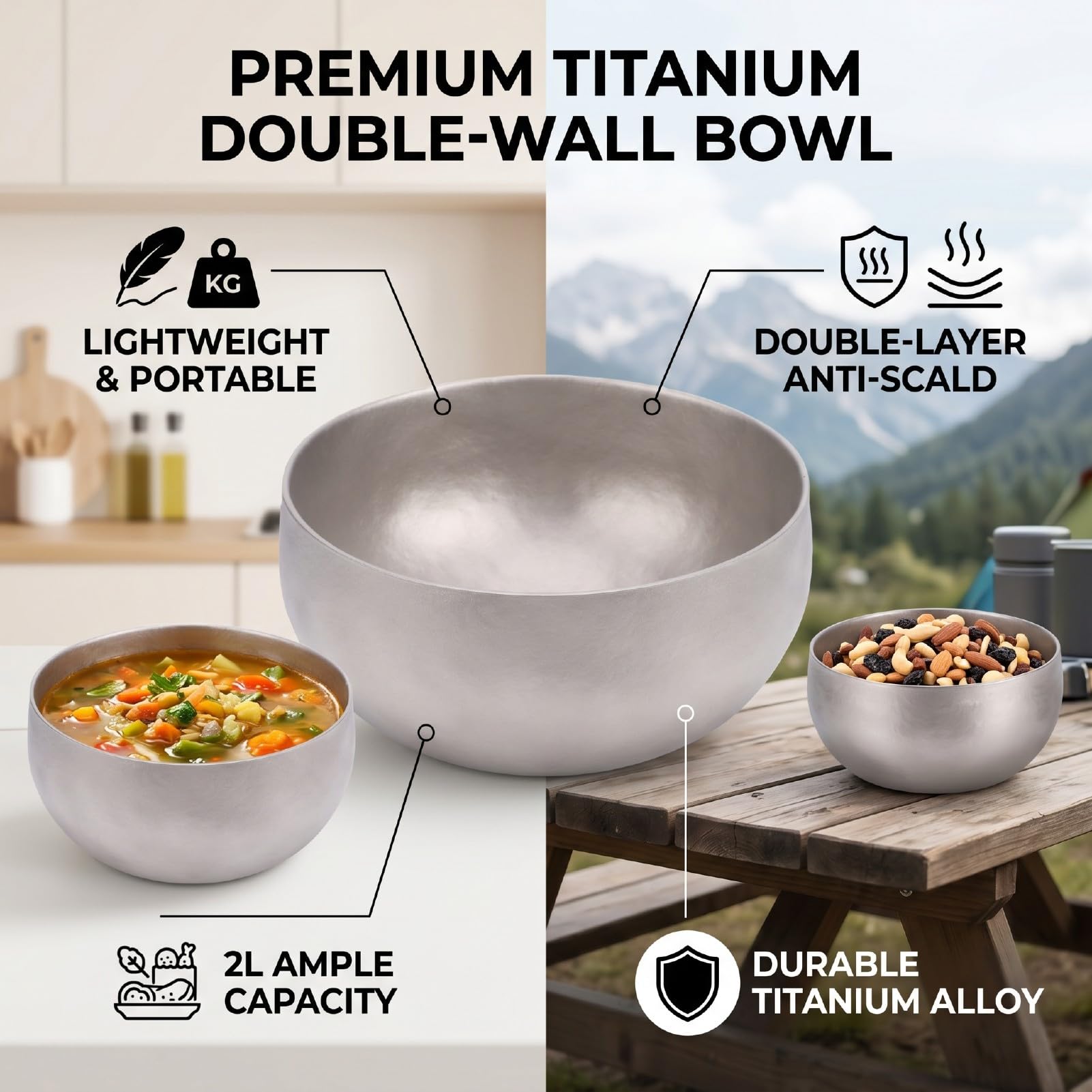 Naroote Große Servierschüssel, 2 L, Ti-Legierung, Doppelwandig, Metall-Suppenschüssel für Suppe, Reis, Salat, Nudeln und Abendessen, Küche, Camping, Kratzfest, Leicht, Tragbar