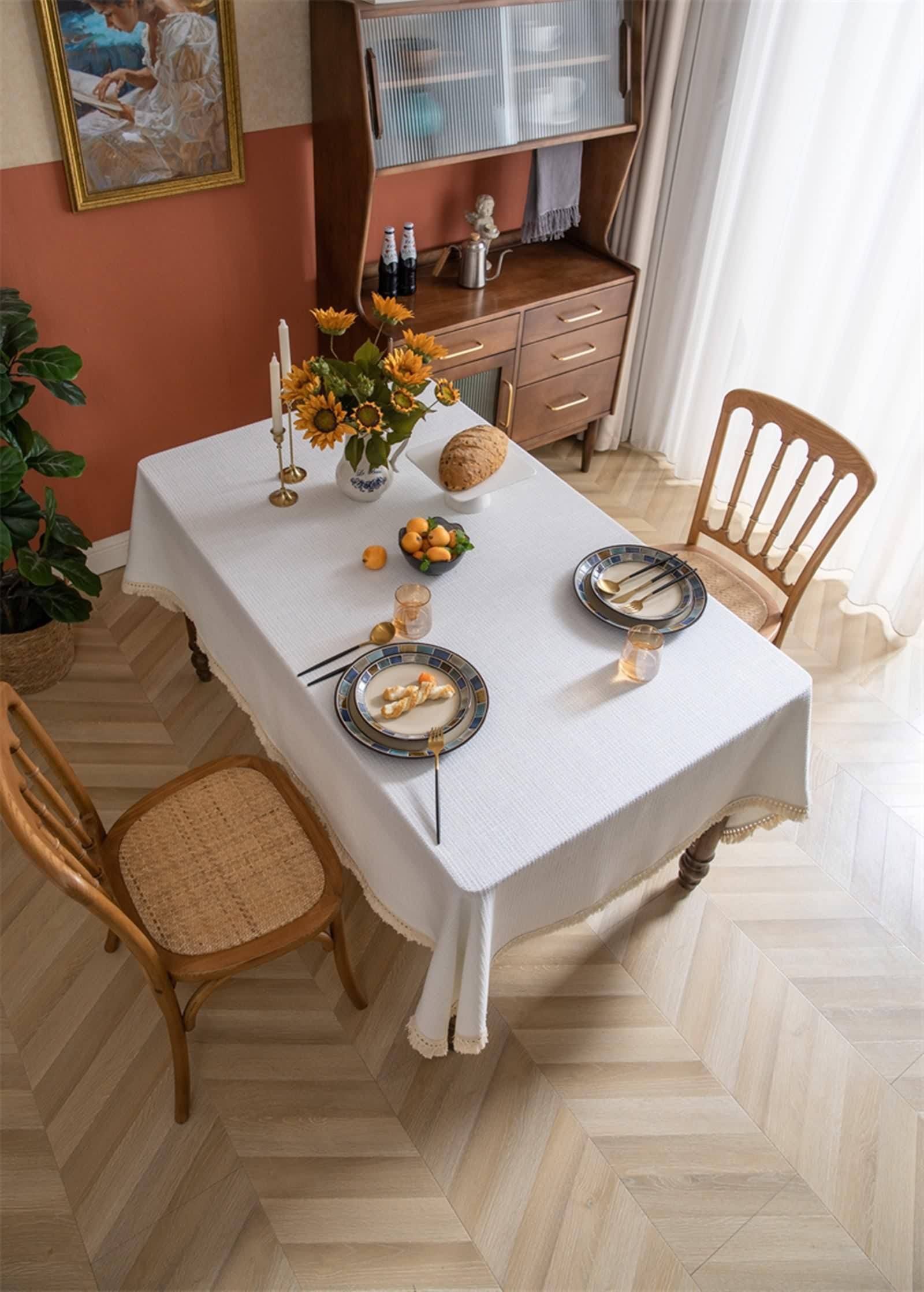 Tovaglia Bianca Elegante Rettangolare, Tovaglia Tavolo Moderna Poliestere Tinta Unita con Nappa Copri Tavolo 140X160CM per Soggiorno Cucina