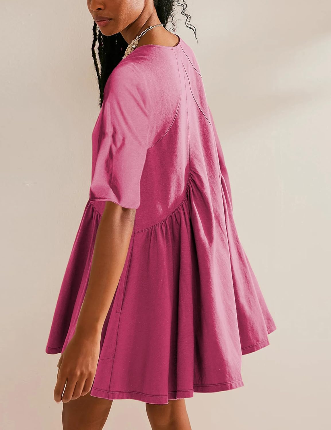 Womens Summer Mini Dress Casual Short Sleeve Loose V Neck Swing Sundress with Pocket - Image 2