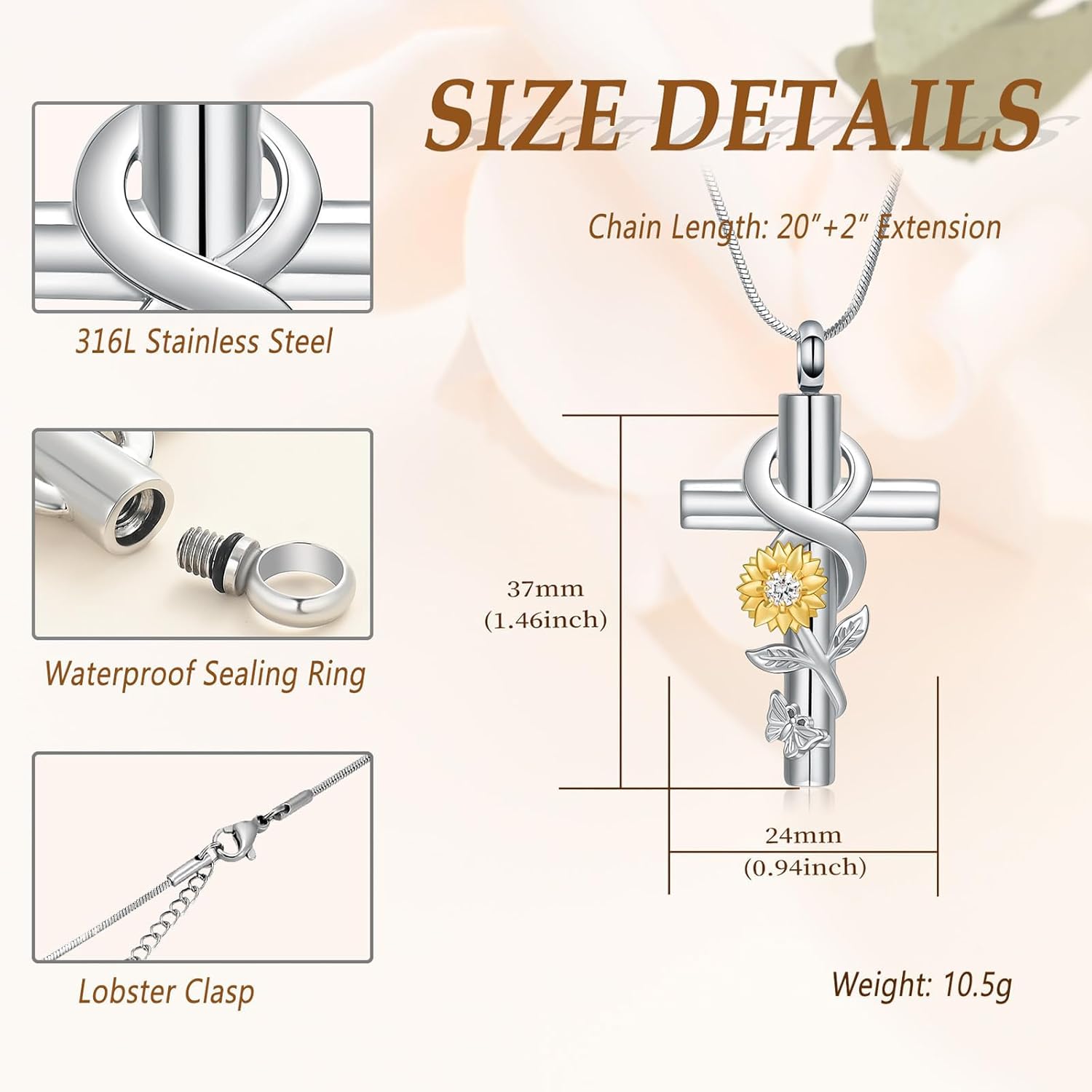 Urn Necklace for Ashes Sunflower Cross Necklace Cremation Jewelry Ashes Necklace for Human Women Pets Sunshine Pendant Keepsake Jewelry for Ashes - Image 2