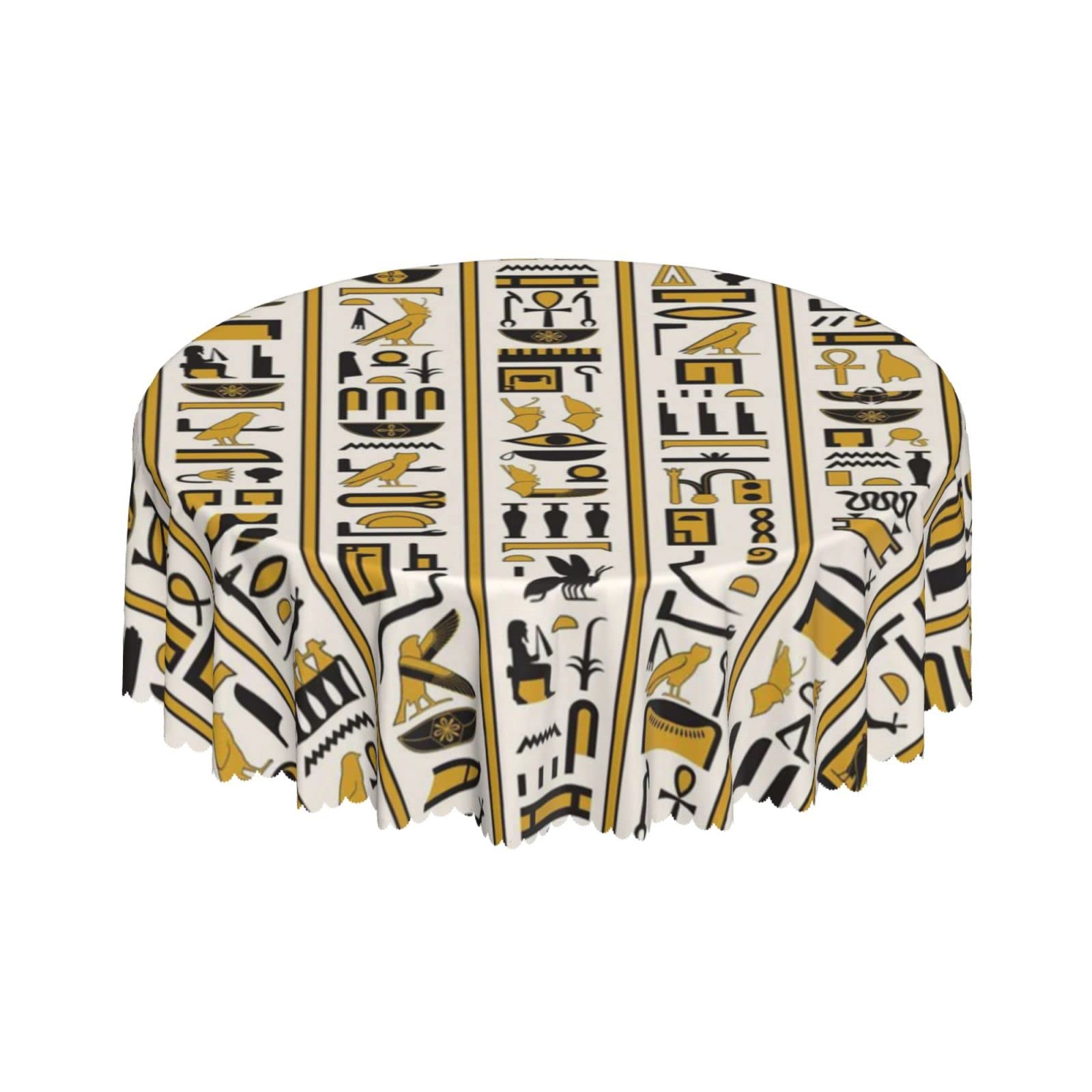 Lsjuee Egyptian Hieroglyphs Yellow Round Tablecloth 60 Inch Printed Washable Tablecloth for Dining Party Holiday Fall Home Decorative